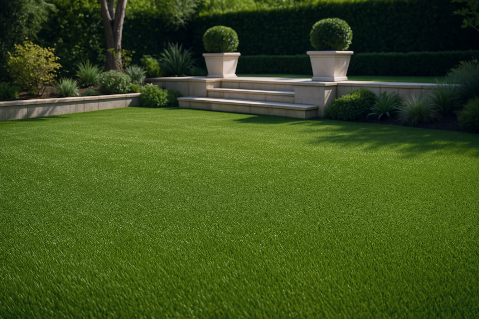 Luxury Outdoor Living A well-manicured lawn with neatly trimmed grass, steps leading to a patio area, potted topiary trees, and landscaped garden beds in the background create an inviting space for luxury outdoor living. Toronto Contractors