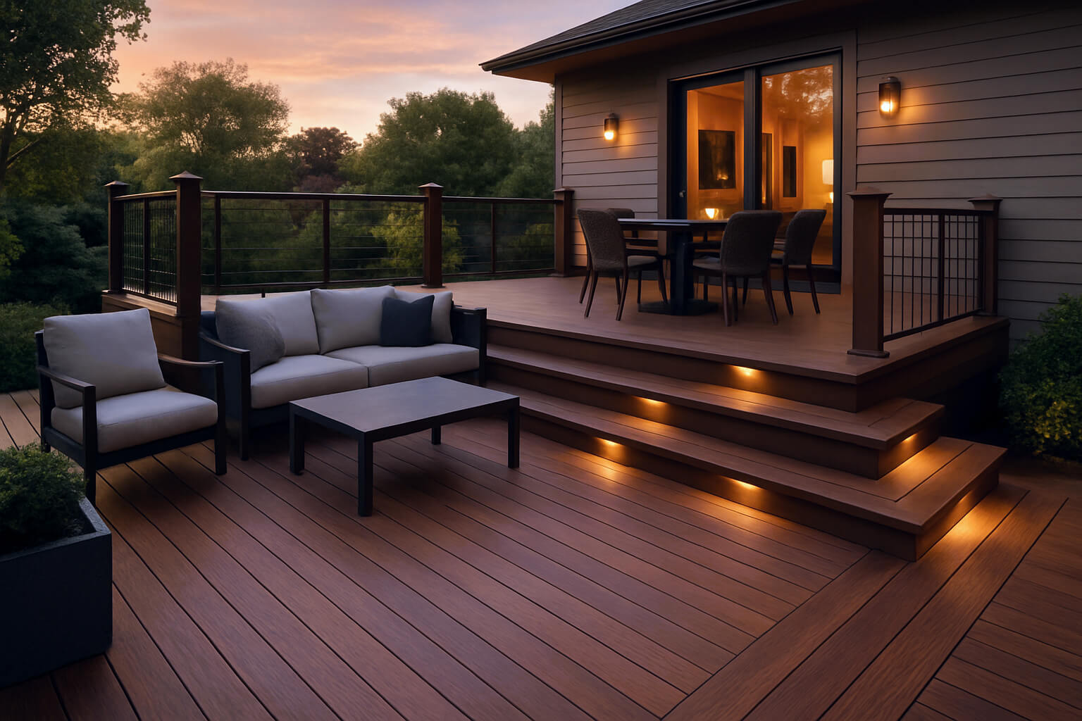 Luxury Outdoor Living A modern outdoor deck showcasing Luxury Outdoor Living, with built-in step lighting, a seating area with sofa and chairs, and a dining table set, all beautifully photographed at sunset. Toronto Contractors