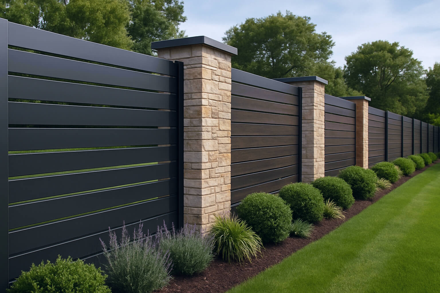 Luxury Outdoor Living Modern privacy fence with horizontal dark panels and stone pillars, bordered by neatly trimmed green shrubs and landscaping, creates a Luxury Outdoor Living space on a well-maintained lawn. Toronto Contractors