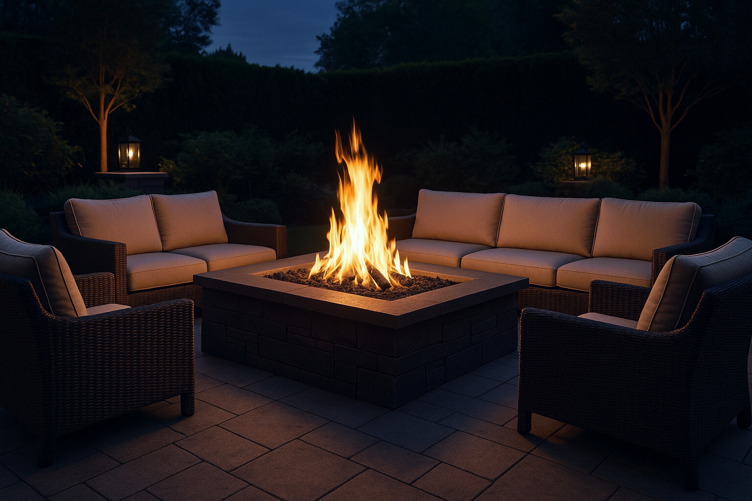 Luxury Outdoor Living Four cushioned wicker chairs arranged around a square outdoor fire pit create a Luxury Outdoor Living space on the patio at night, framed by trees and glowing lanterns in the background. Toronto Contractors