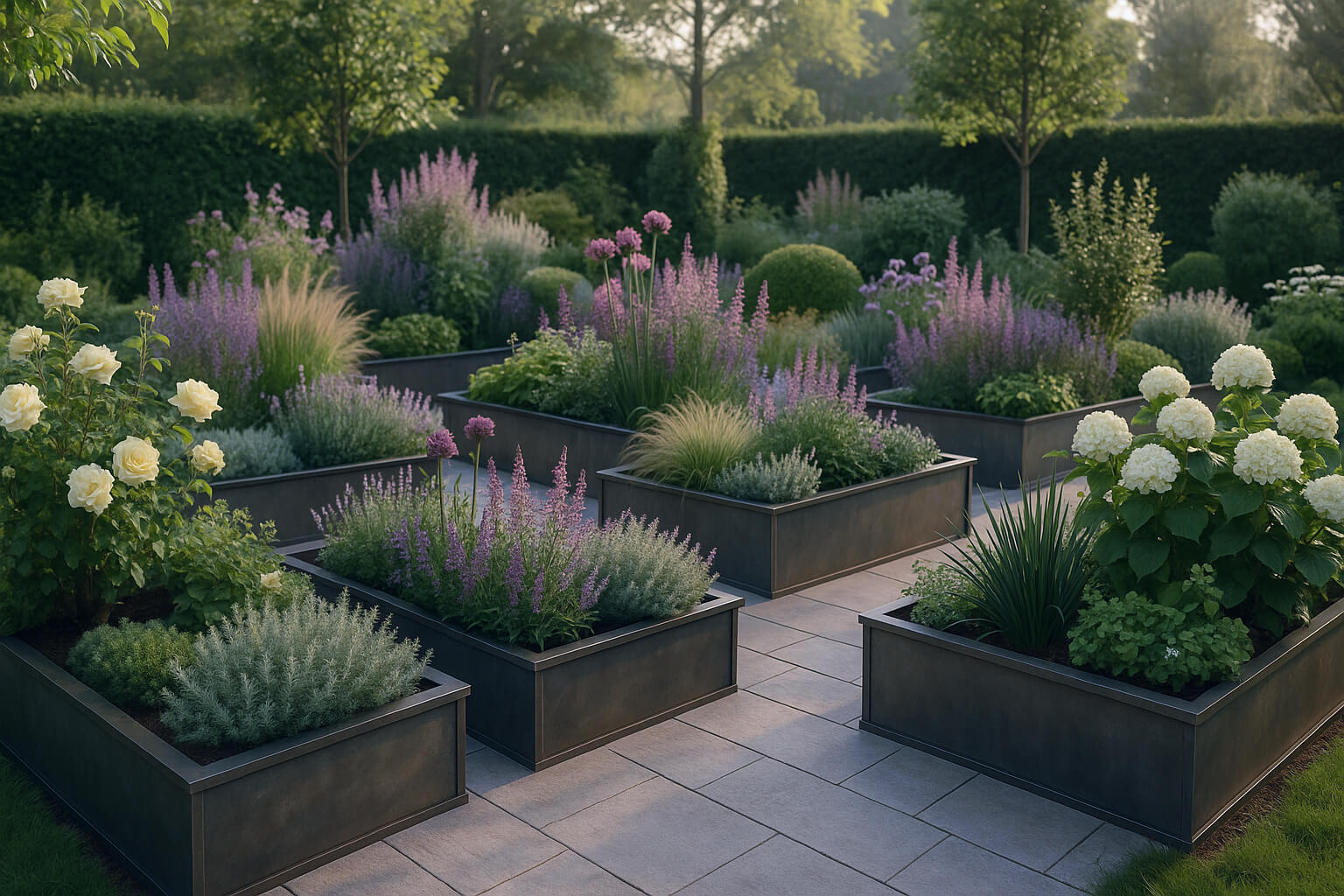 Luxury Outdoor Living Raised garden beds with various flowering plants and shrubs adorn a paved patio, creating a Luxury Outdoor Living space surrounded by lush greenery and trees in the background. Toronto Contractors