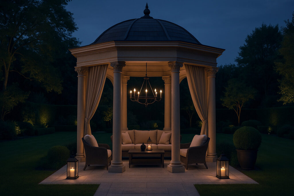 Luxury Outdoor Living A stone gazebo with columns and draped curtains is softly lit by a chandelier and lanterns, featuring cushioned seating and a table—a perfect haven for luxury outdoor living in a landscaped garden at dusk. Toronto Contractors