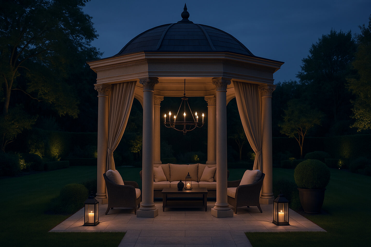 Luxury Outdoor Living A stone gazebo with columns and draped curtains is softly lit by a chandelier and lanterns, featuring cushioned seating and a table—a perfect haven for luxury outdoor living in a landscaped garden at dusk. Toronto Contractors