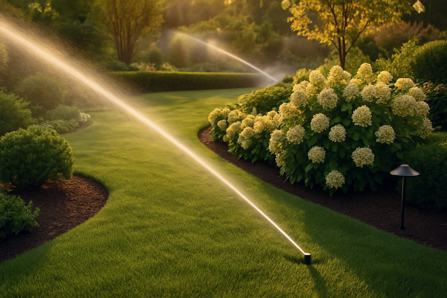 Luxury Outdoor Living Sprinklers water a neatly manicured lawn and blooming white hydrangeas, creating a scene of luxury outdoor living under soft, golden sunlight. Toronto Contractors
