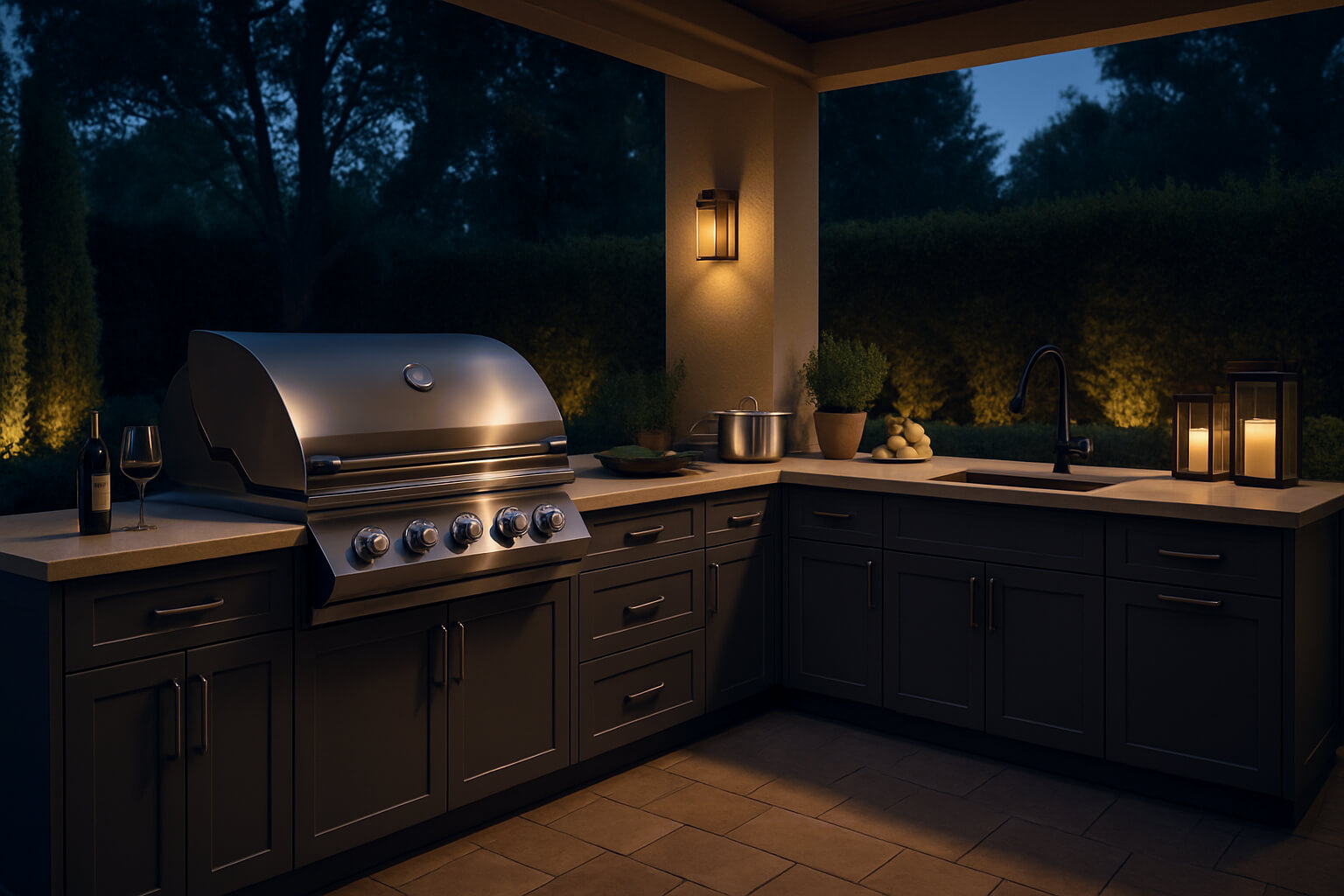 Luxury Outdoor Living Luxury Outdoor Living shines in this outdoor kitchen featuring a stainless steel grill, sink, and countertops, all aglow under warm evening lighting. Bottles, a lantern, and potted plants complete the inviting scene. Toronto Contractors