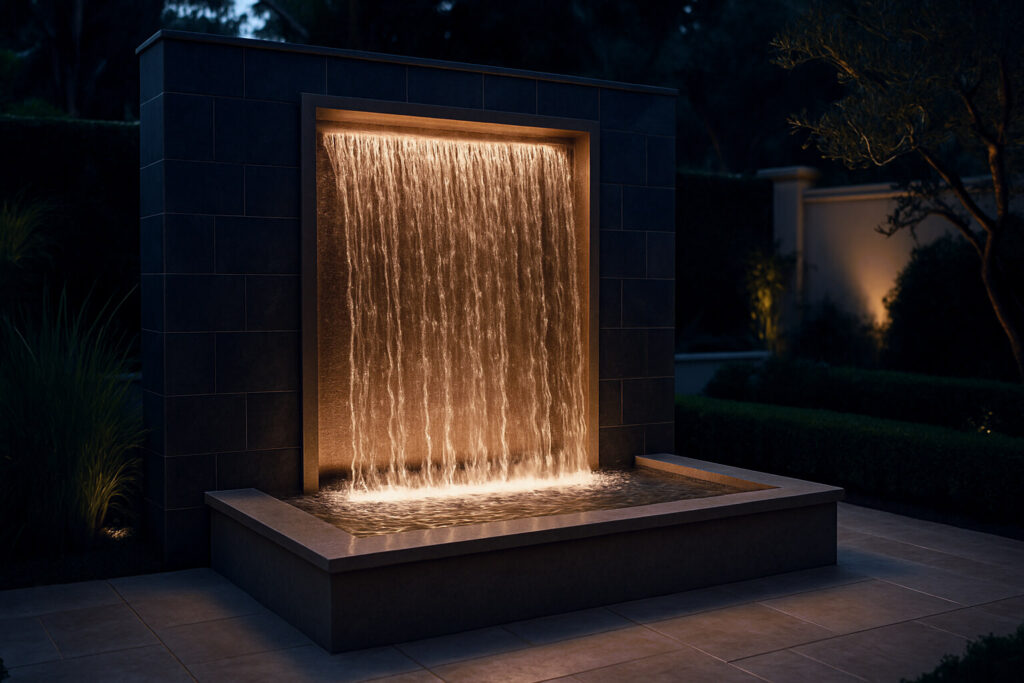 Luxury Outdoor Living A modern rectangular water fountain with a sheet of water cascading into a shallow pool, illuminated by warm lights, creates a stunning centerpiece for luxury outdoor living in an elegant garden setting at night. Toronto Contractors