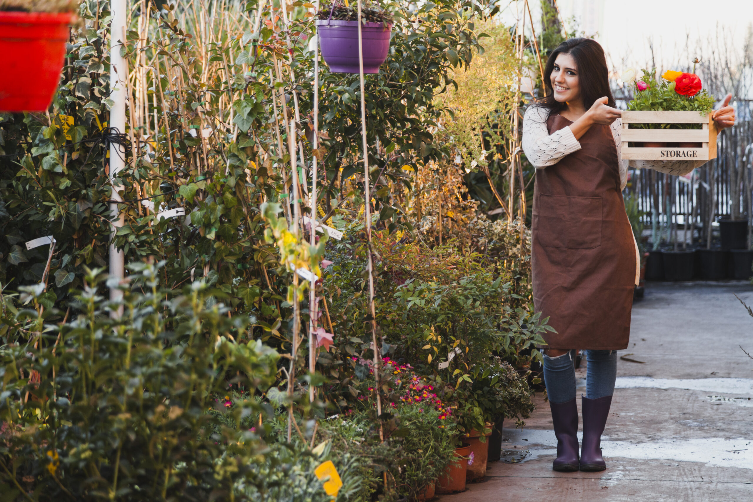Luxury Outdoor Living A woman in a brown apron and purple boots holds a wooden crate with a red flower, embracing luxury outdoor living in a plant nursery surrounded by lush greenery and hanging pots. Toronto Contractors