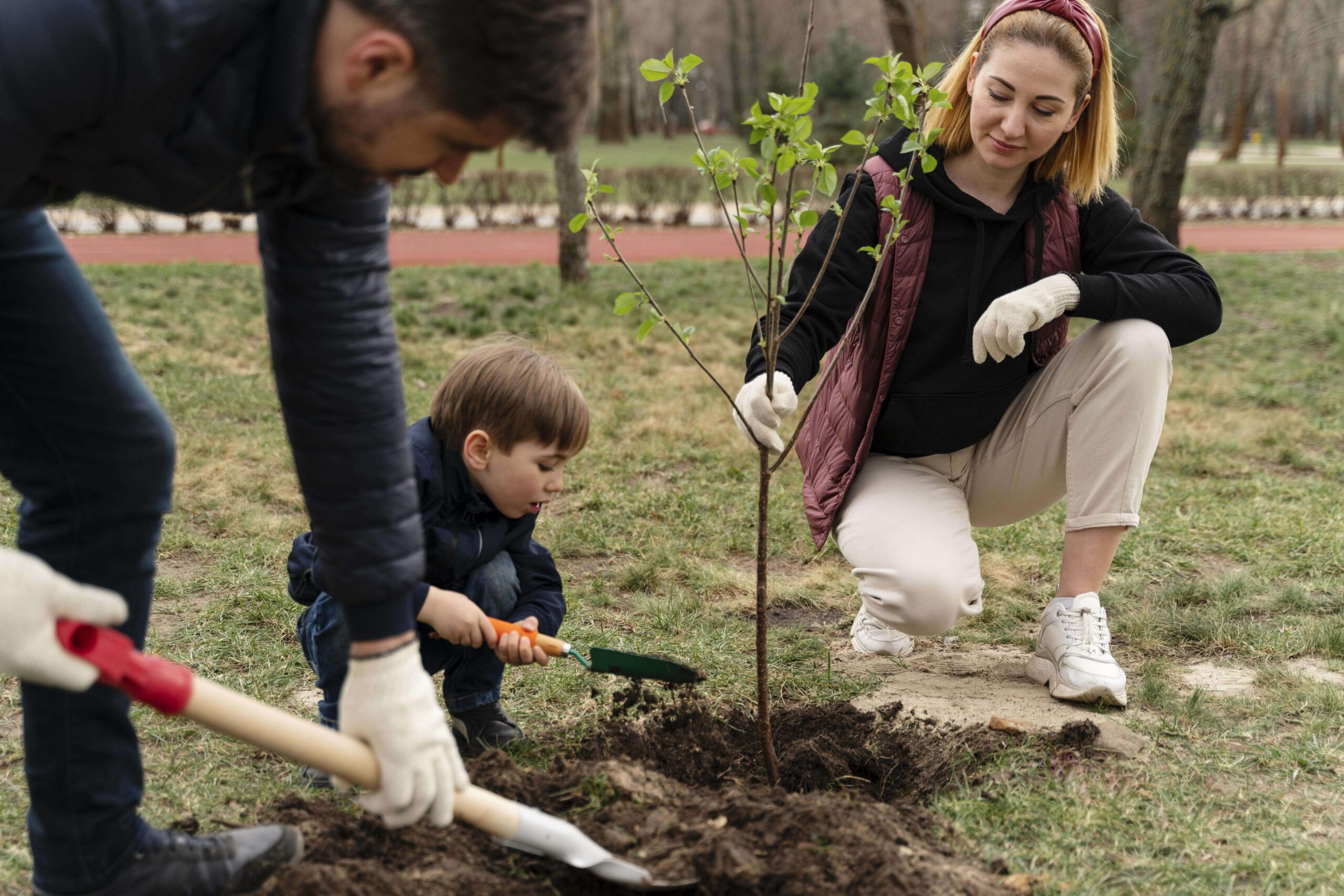 Luxury Outdoor Living A man, woman, and young boy plant a small tree together outdoors, using shovels and wearing gloves on a grassy area, embracing the joys of luxury outdoor living. Toronto Contractors