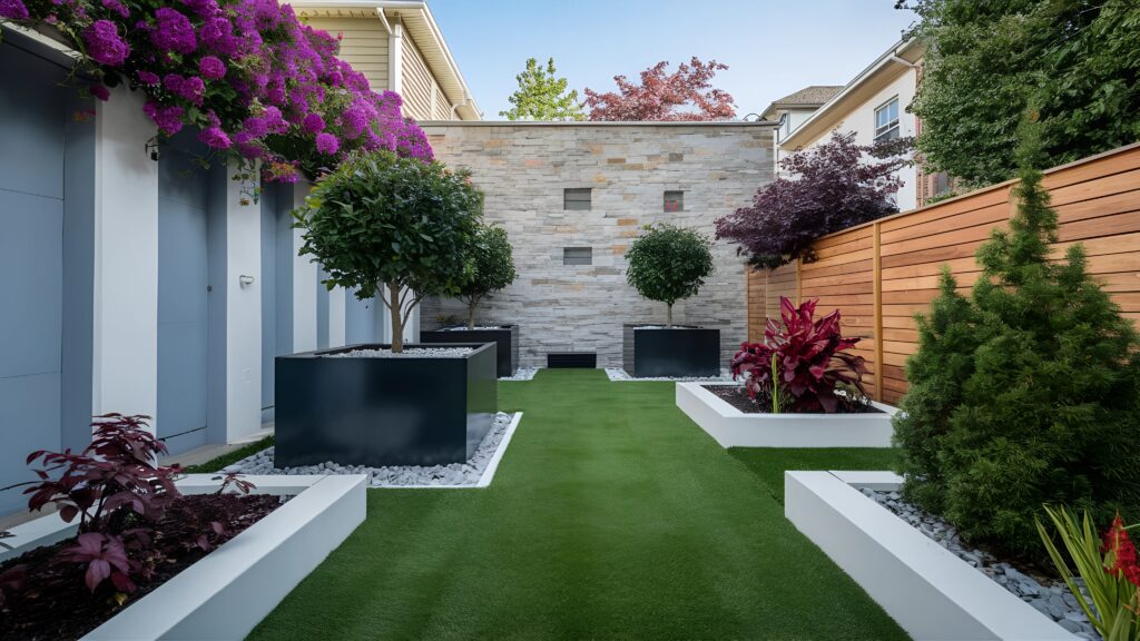 Luxury Outdoor Living Experience luxury outdoor living in this modern backyard featuring artificial grass, neatly trimmed trees in square planters, white stone borders, a wooden fence, and a stunning stone wall surrounded by lush plants. Toronto Contractors