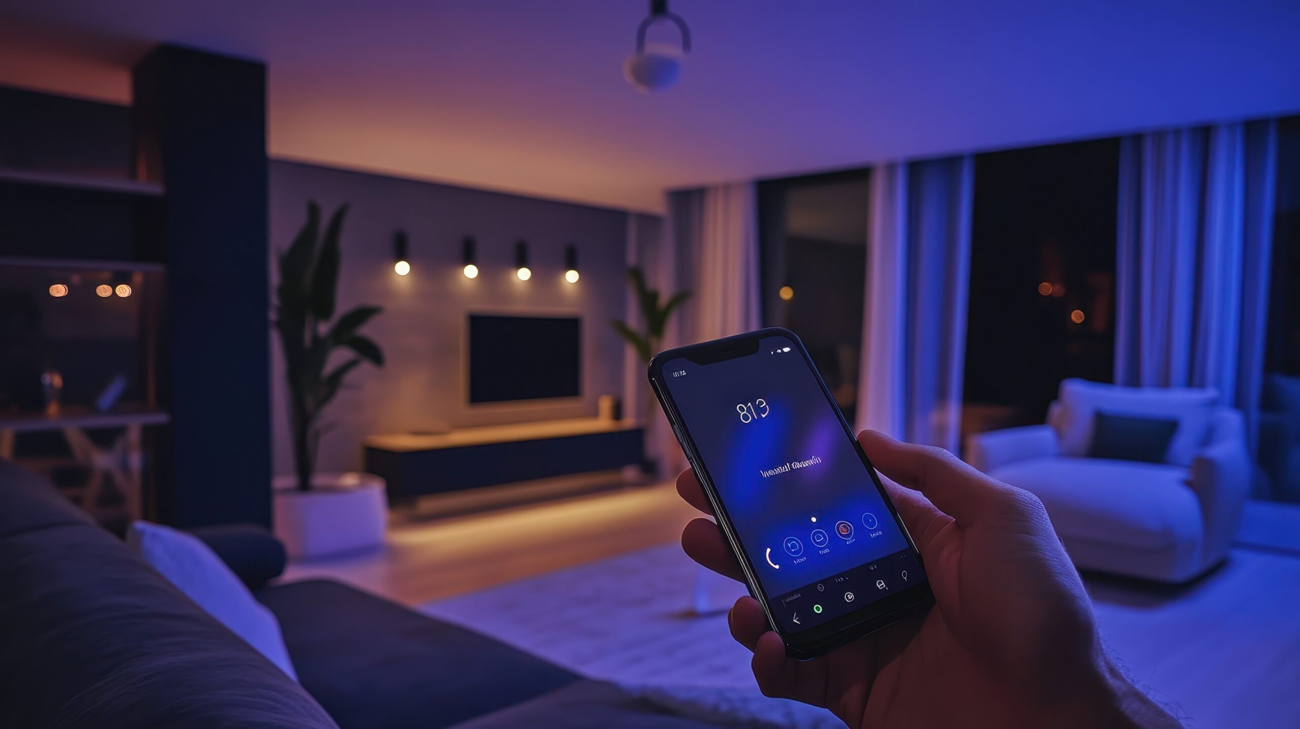 Luxury Outdoor Living A person holds a smartphone controlling smart home features in a modern living room with dim, ambient blue lighting, seamlessly blending comfort with Luxury Outdoor Living. Toronto Contractors