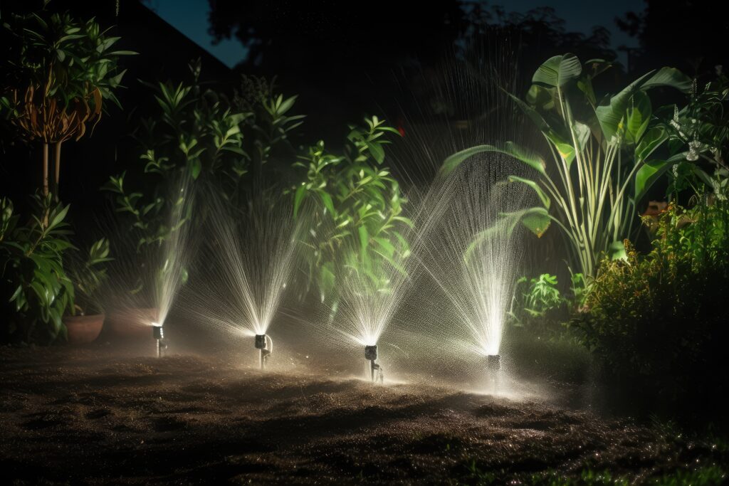 Luxury Outdoor Living Four garden sprinklers spray water over plants at night, with foliage illuminated by artificial light, creating a Luxury Outdoor Living ambiance in the backyard. Toronto Contractors
