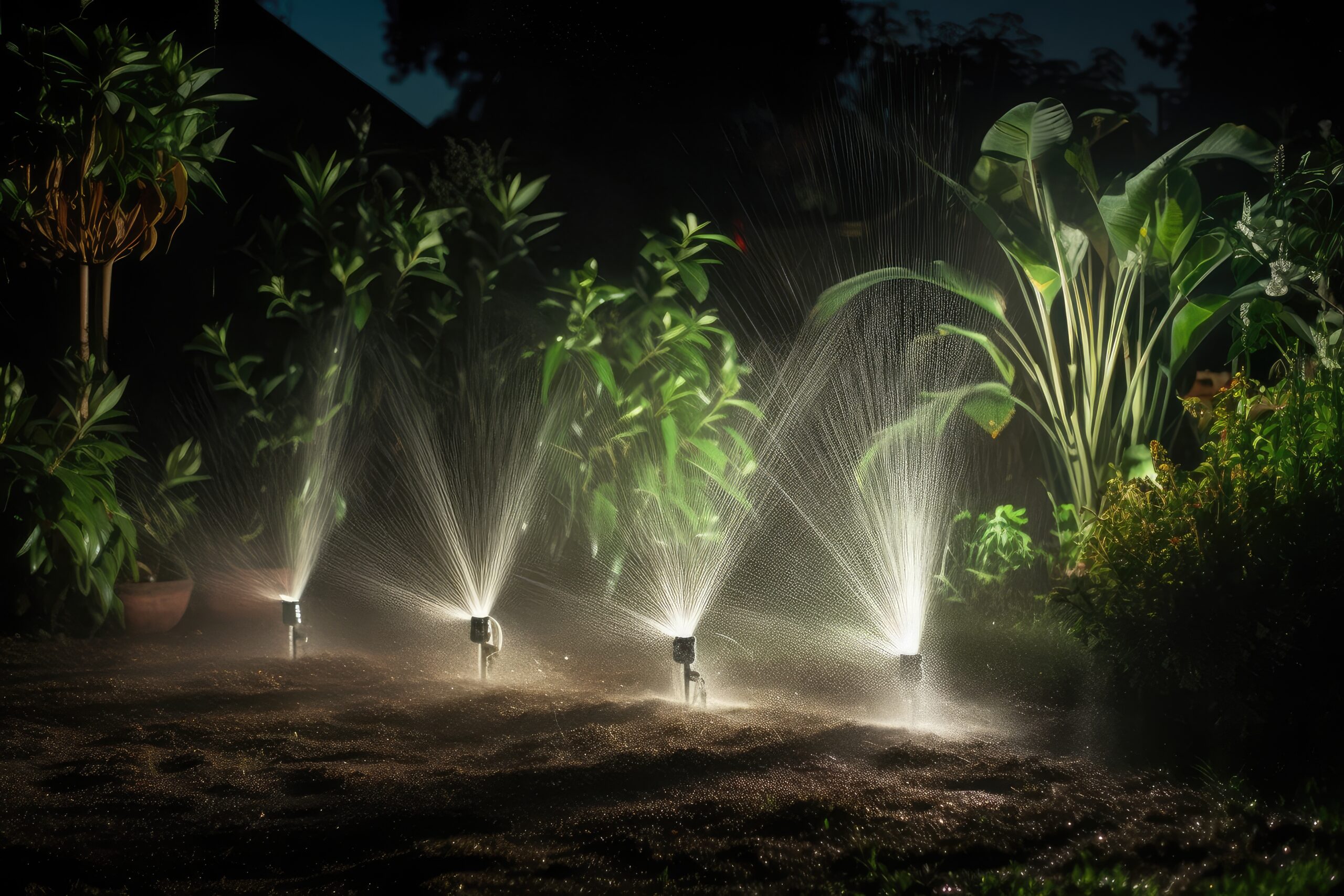 Luxury Outdoor Living Four garden sprinklers spray water over plants at night, with foliage illuminated by artificial light, creating a Luxury Outdoor Living ambiance in the backyard. Toronto Contractors