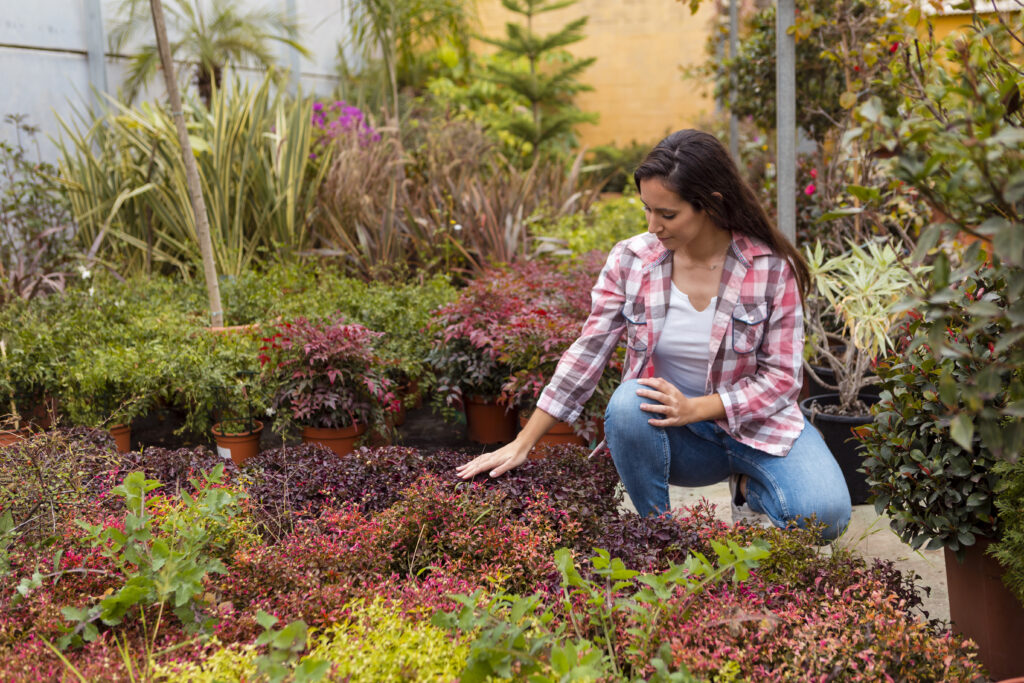 Luxury Outdoor Living A woman in a plaid shirt and jeans kneels in a garden, touching the leaves of various potted plants and shrubs, enjoying the serenity of luxury outdoor living. Toronto Contractors