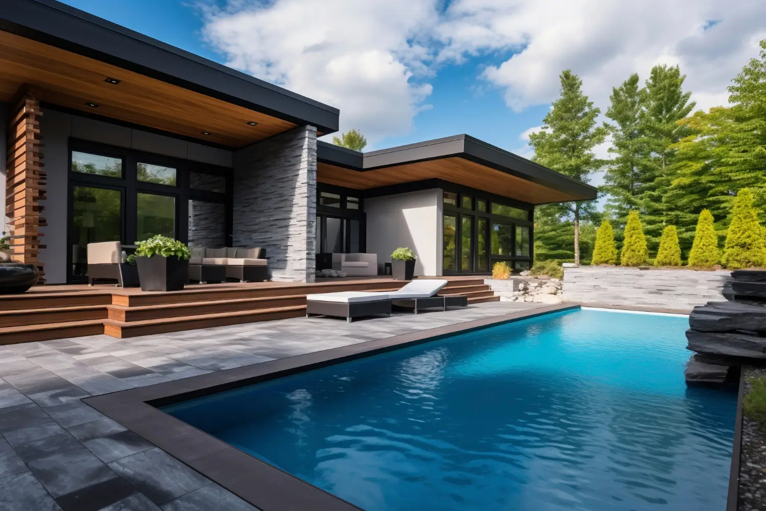 Luxury Outdoor Living Modern house with large windows, wooden and stone accents, and a patio overlooking a rectangular outdoor swimming pool, surrounded by greenery and clear sky. Toronto Contractors