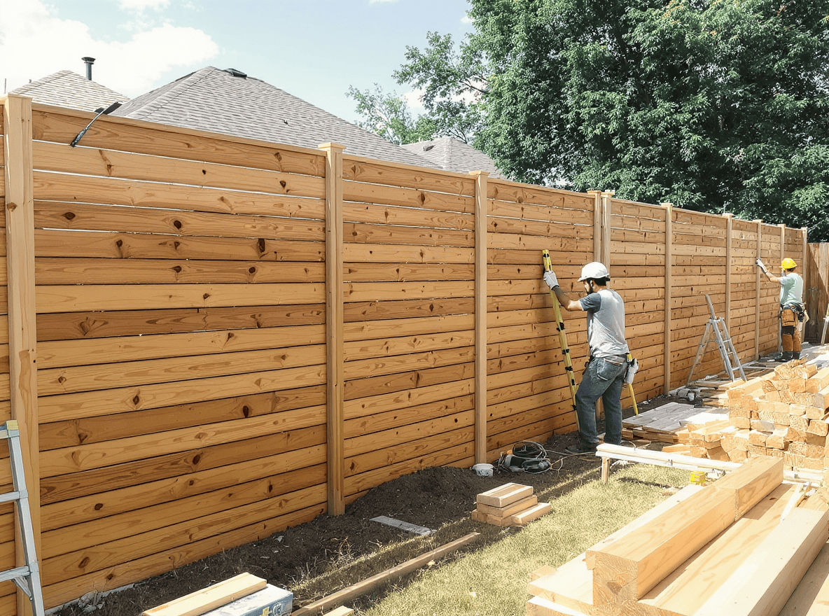 Luxury Outdoor Living Two workers install a tall wooden fence in a backyard, using tools and ladders, with construction materials nearby. Toronto Contractors
