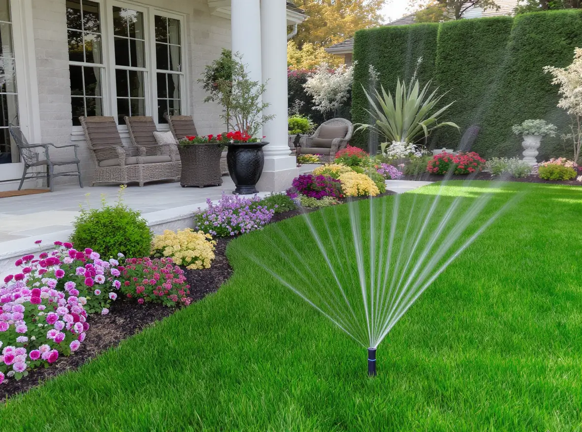 Luxury Outdoor Living A garden sprinkler waters a green lawn bordered by colorful flowers and shrubs beside a patio with wicker chairs and tables. Toronto Contractors