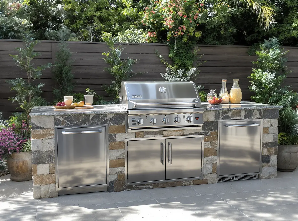 Luxury Outdoor Living Outdoor built-in stainless steel grill with storage cabinets, stone countertop, and various drinks and fruits, set against a wooden fence with plants in the background. Toronto Contractors