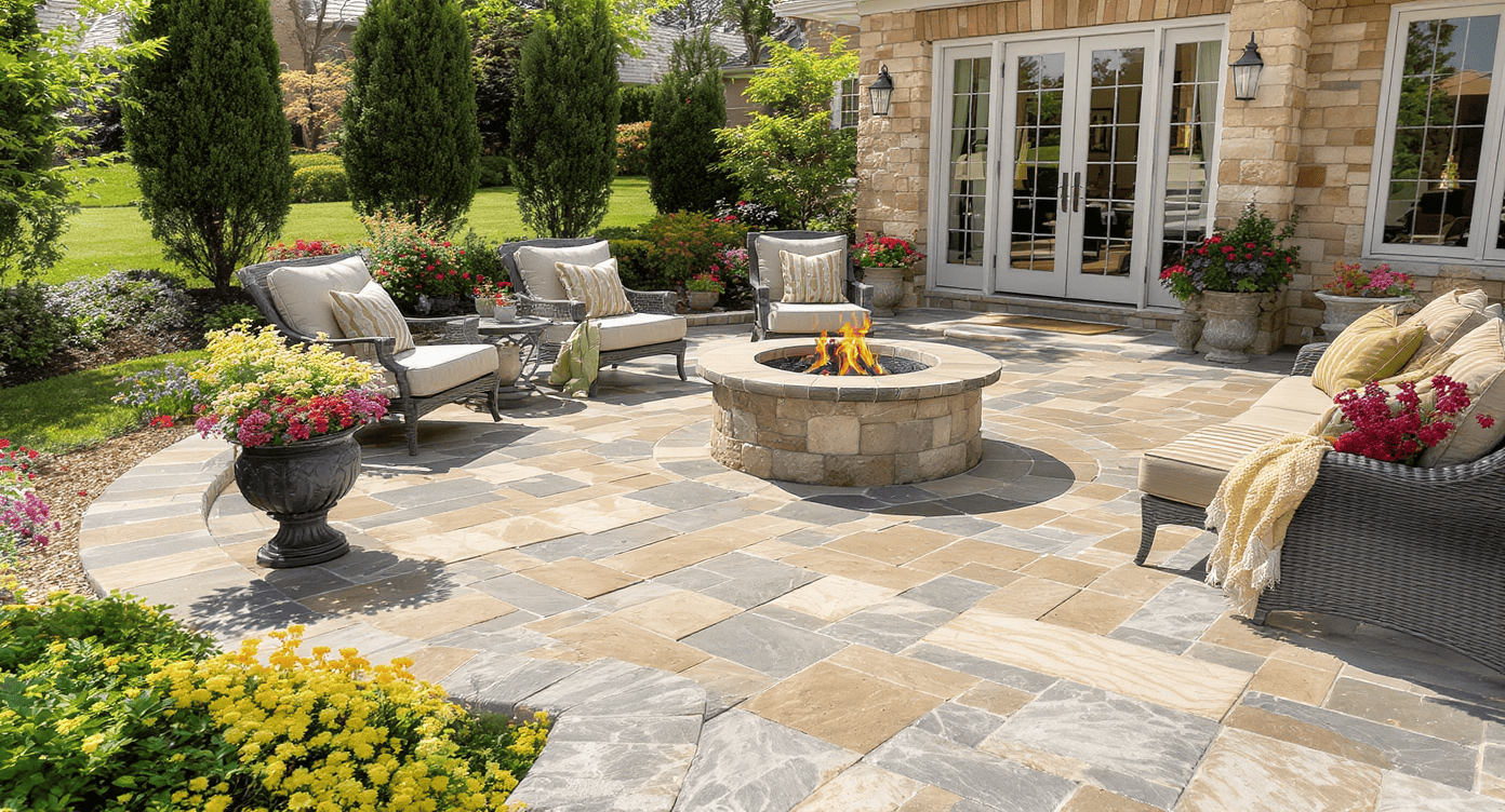 Luxury Outdoor Living A stone patio with cushioned chairs, a fire pit, potted flowers, and a bench, set in a landscaped garden beside a house with French doors. Toronto Contractors