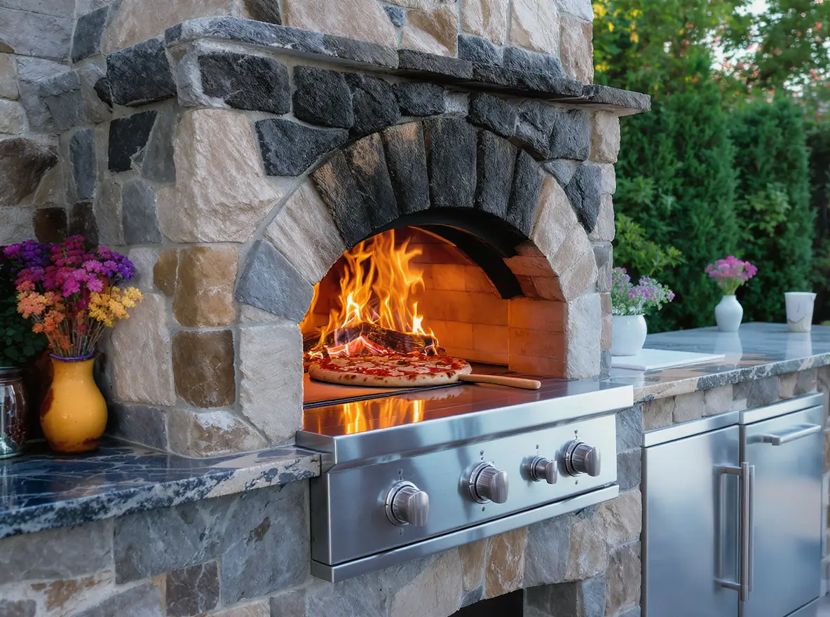 Luxury Outdoor Living A stone outdoor pizza oven with flames baking a pizza; metal controls are beneath, and flower vases sit on nearby counters. Toronto Contractors