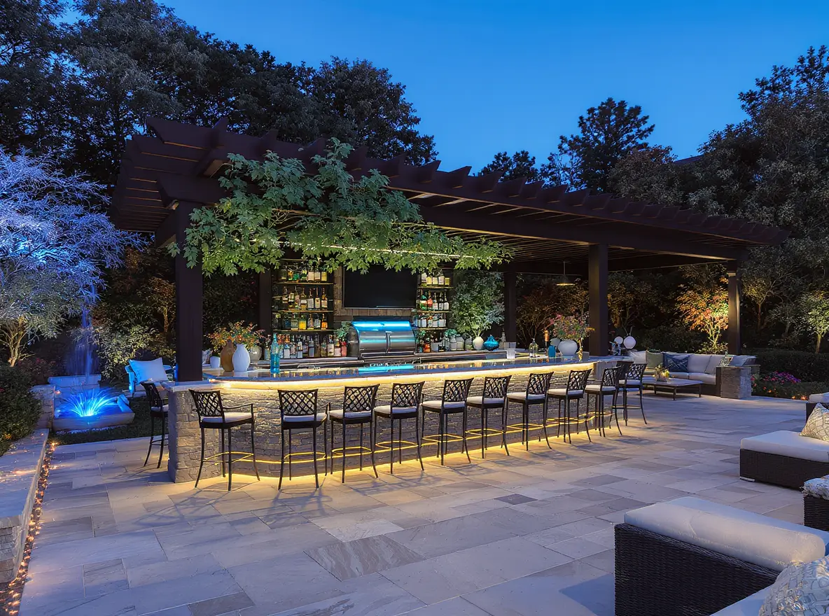 Luxury Outdoor Living Outdoor bar and lounge area with a long counter, barstools, illuminated lighting, pergola roof, and a stocked bar at dusk; trees and a lit fountain are in the background. Toronto Contractors