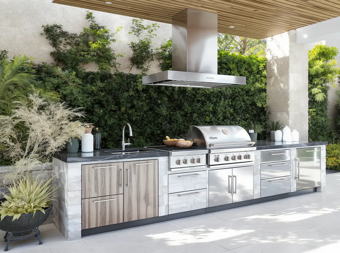 Luxury Outdoor Living Modern outdoor kitchen with built-in stainless steel grill, sink, refrigerator, and storage cabinets set against a green leafy wall. Toronto Contractors