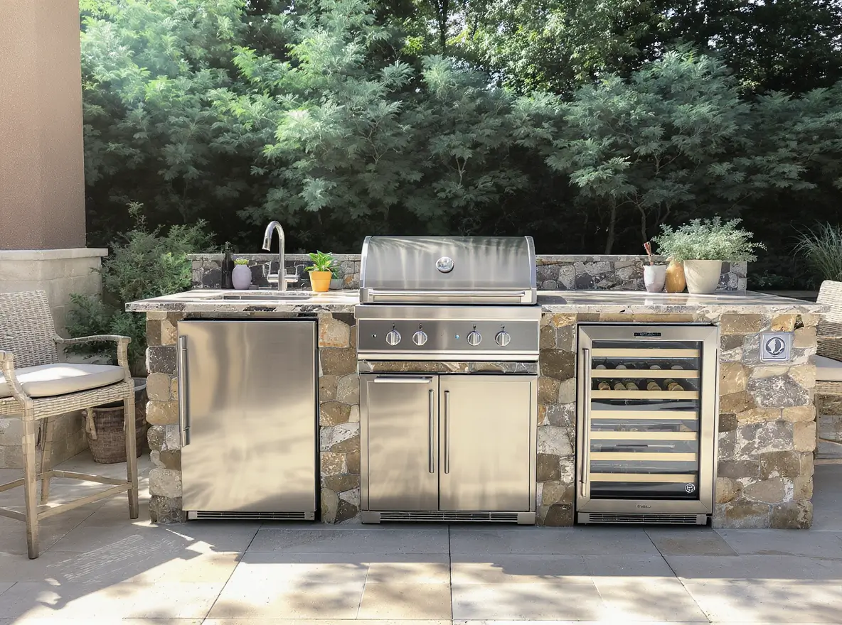 Luxury Outdoor Living Outdoor kitchen setup with a stone counter, stainless steel grill, sink, under-counter fridge, wine cooler, potted plants, and a wicker chair, with trees in the background. Toronto Contractors