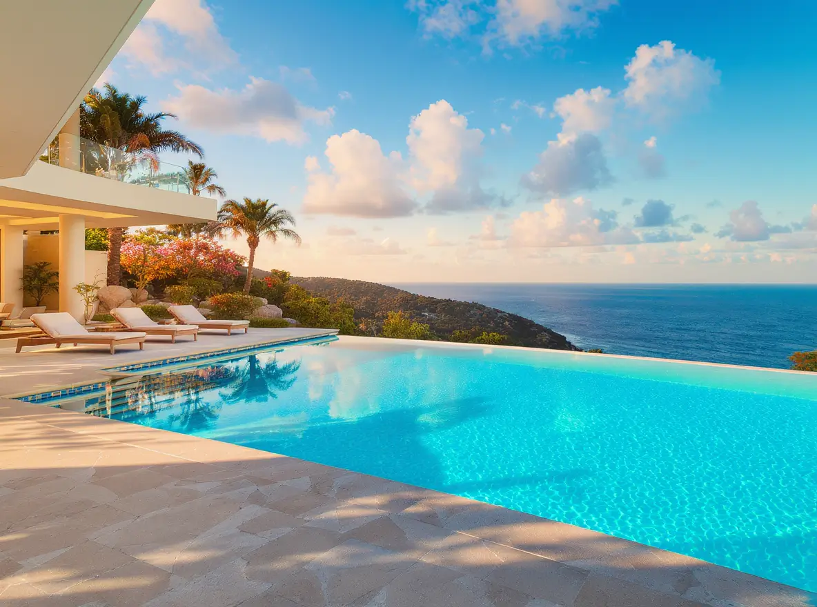 Luxury Outdoor Living Infinity pool with lounge chairs on a stone patio overlooking the ocean and hills under a blue sky with scattered clouds. Toronto Contractors
