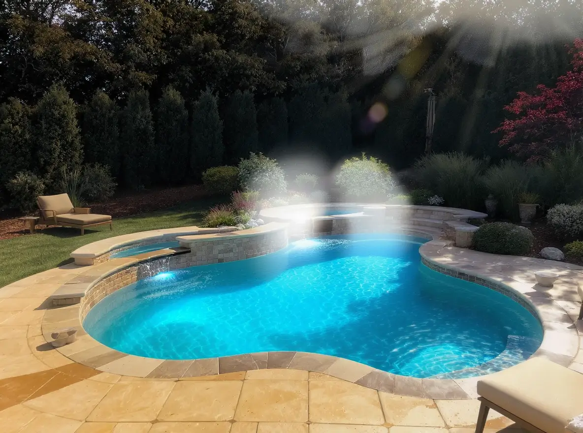 Luxury Outdoor Living A backyard swimming pool with clear blue water, surrounded by a stone patio, lounge chairs, and landscaped greenery, with sunlight streaming over the scene. Toronto Contractors