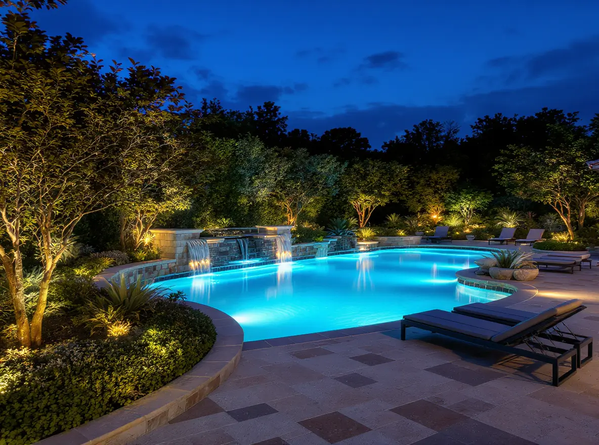 Luxury Outdoor Living Illuminated backyard swimming pool with waterfalls, surrounded by landscaped plants and lounge chairs, photographed at dusk. Toronto Contractors