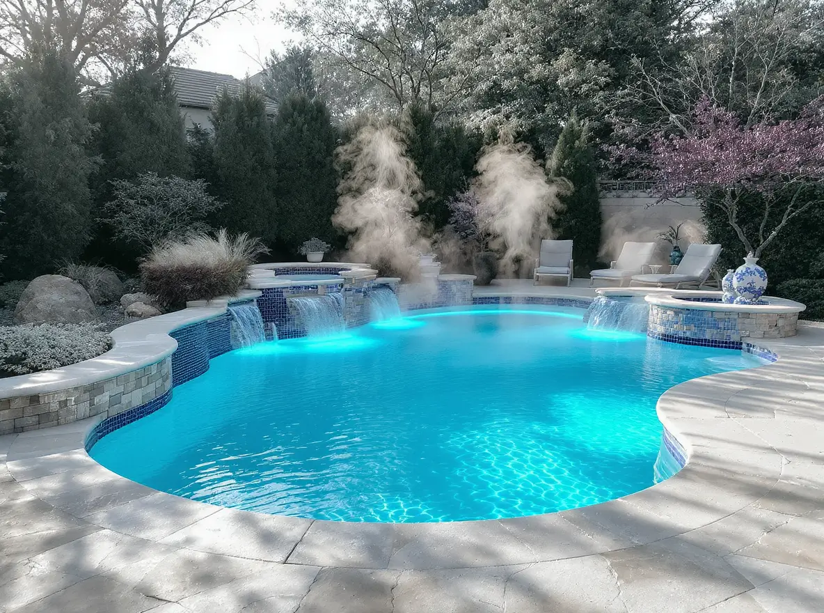 Luxury Outdoor Living A backyard pool with clear blue water, small waterfalls, lounge chairs, and greenery surrounding the area on a sunny day. Toronto Contractors