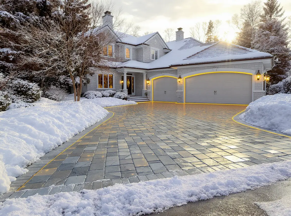 Luxury Outdoor Living A large house with a three-car garage and a clean, snow-free heated driveway is surrounded by snow-covered trees and landscaping on a winter day. Toronto Contractors