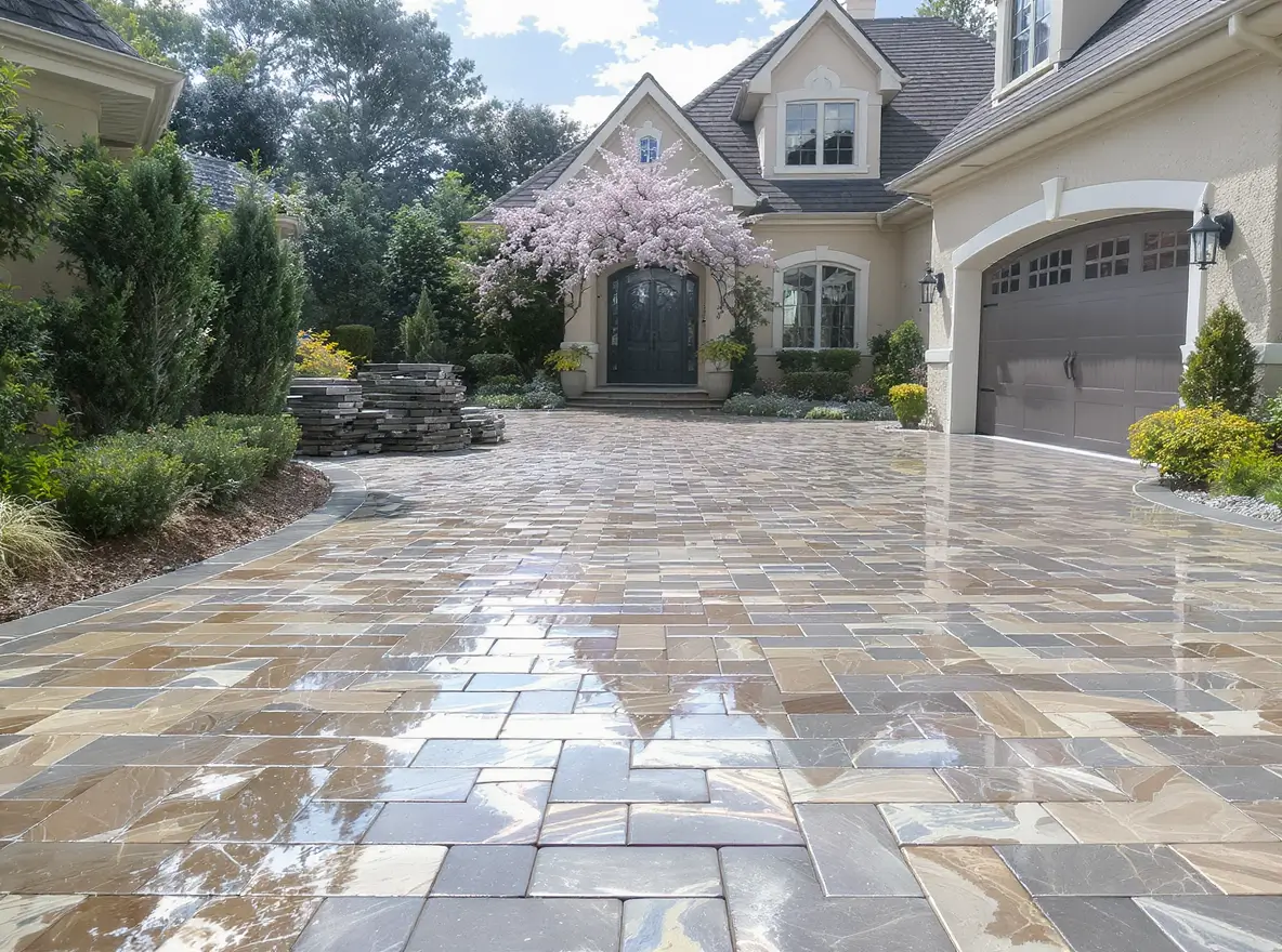 Luxury Outdoor Living Large house with a landscaped front yard, featuring a shiny stone paver driveway, flowering tree, and stacked stone planter near the entrance. Toronto Contractors