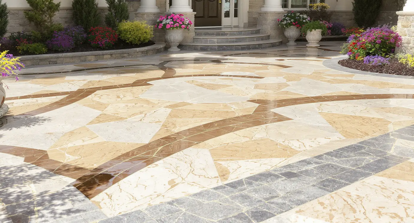Luxury Outdoor Living A decorative stone driveway with intricate light and dark tile patterns, bordered by landscaping with flowers, shrubs, and large planters. Toronto Contractors