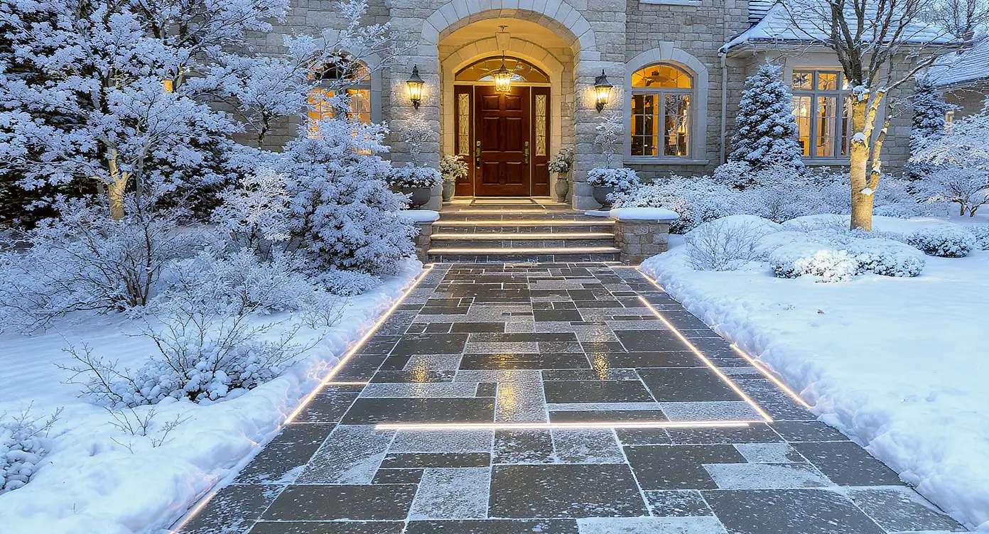 Luxury Outdoor Living A stone walkway with embedded lights leads to the entrance of a house surrounded by snow-covered trees and shrubs on a winter evening. Toronto Contractors