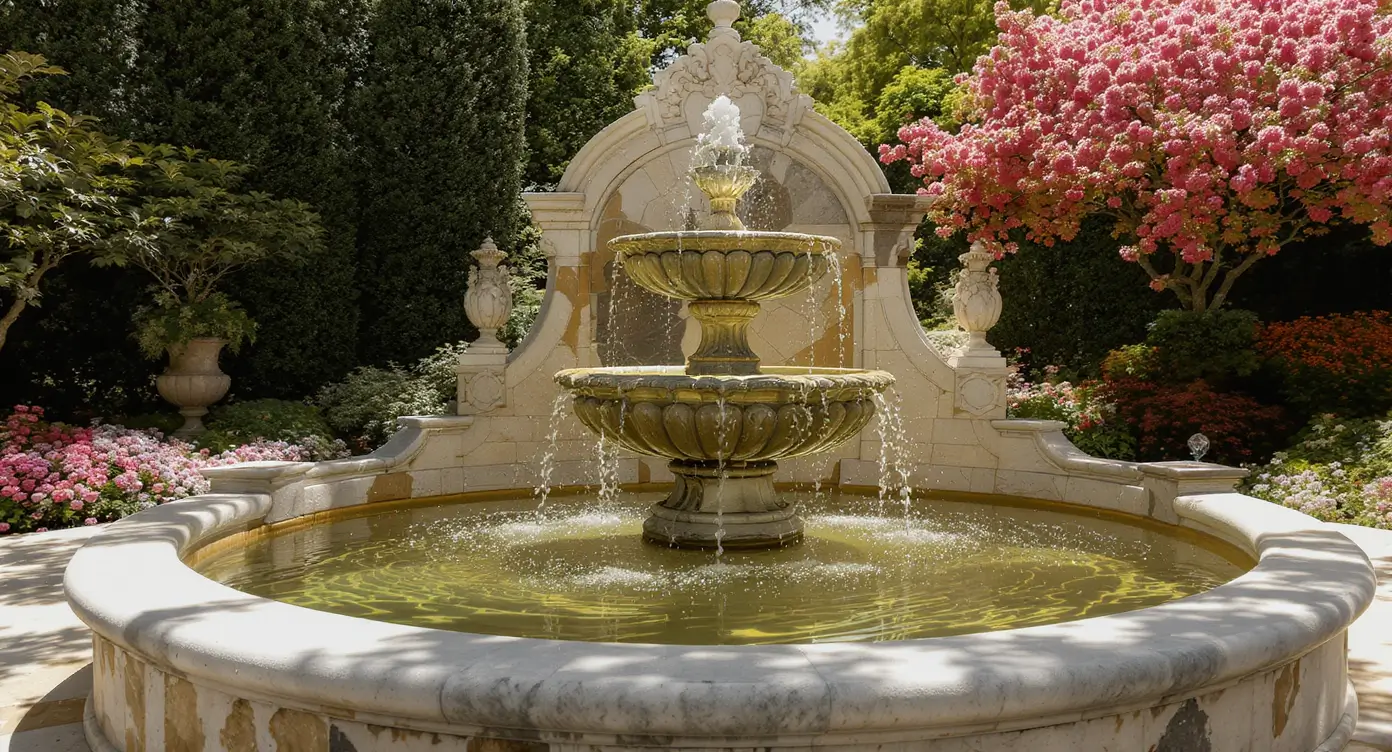 Luxury Outdoor Living A two-tiered stone fountain with water flowing, set in a landscaped garden with flowering trees and manicured bushes. Toronto Contractors