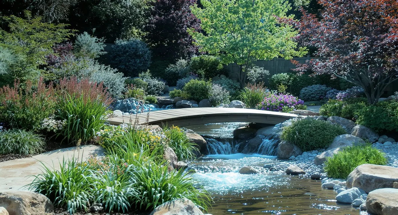 Luxury Outdoor Living A tranquil garden scene featuring a wooden footbridge over a small stream, surrounded by lush greenery, flowering plants, rocks, and trees. Toronto Contractors