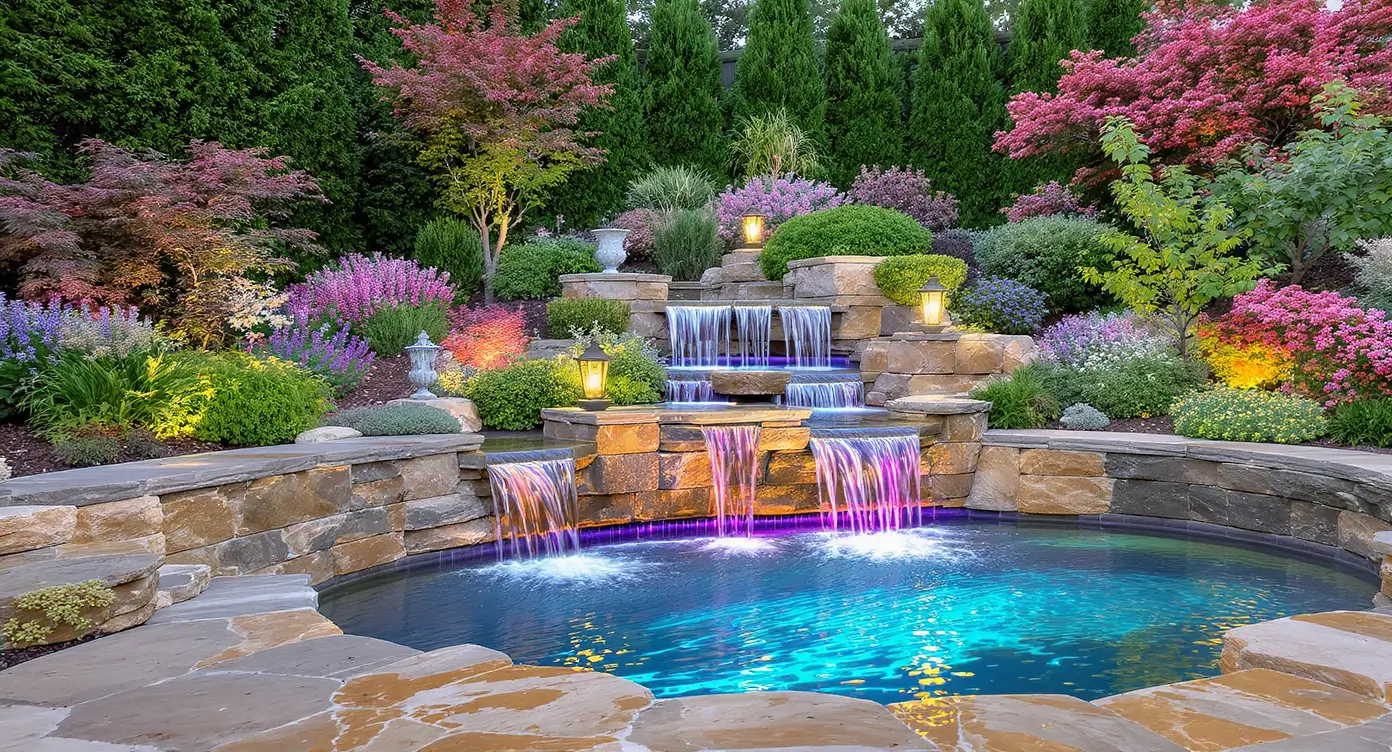 Luxury Outdoor Living A landscaped backyard features a multi-tiered stone waterfall, illuminated pool, vibrant flowering plants, and manicured shrubs, all surrounded by lush greenery. Toronto Contractors