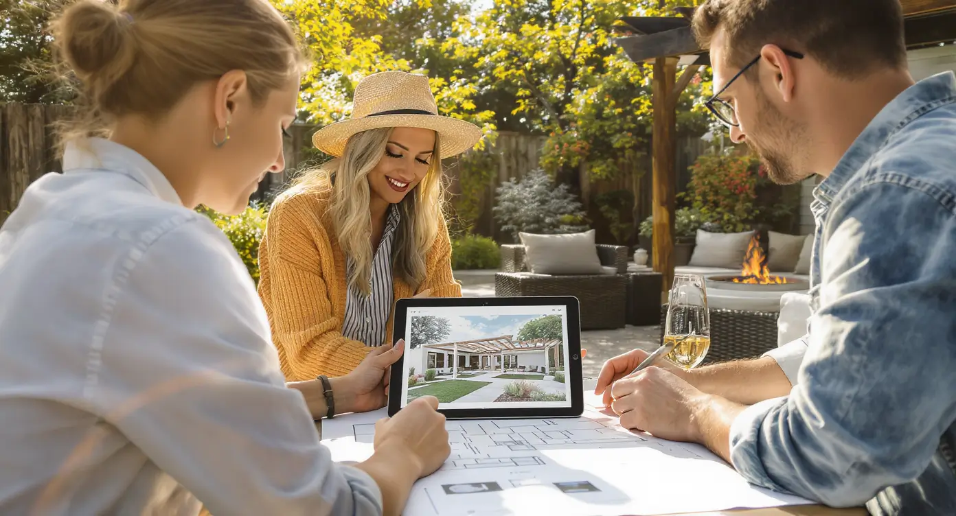 Luxury Outdoor Living Three people sit outdoors at a table with house plans, one holding a tablet displaying a house design, surrounded by greenery and patio furniture. Toronto Contractors
