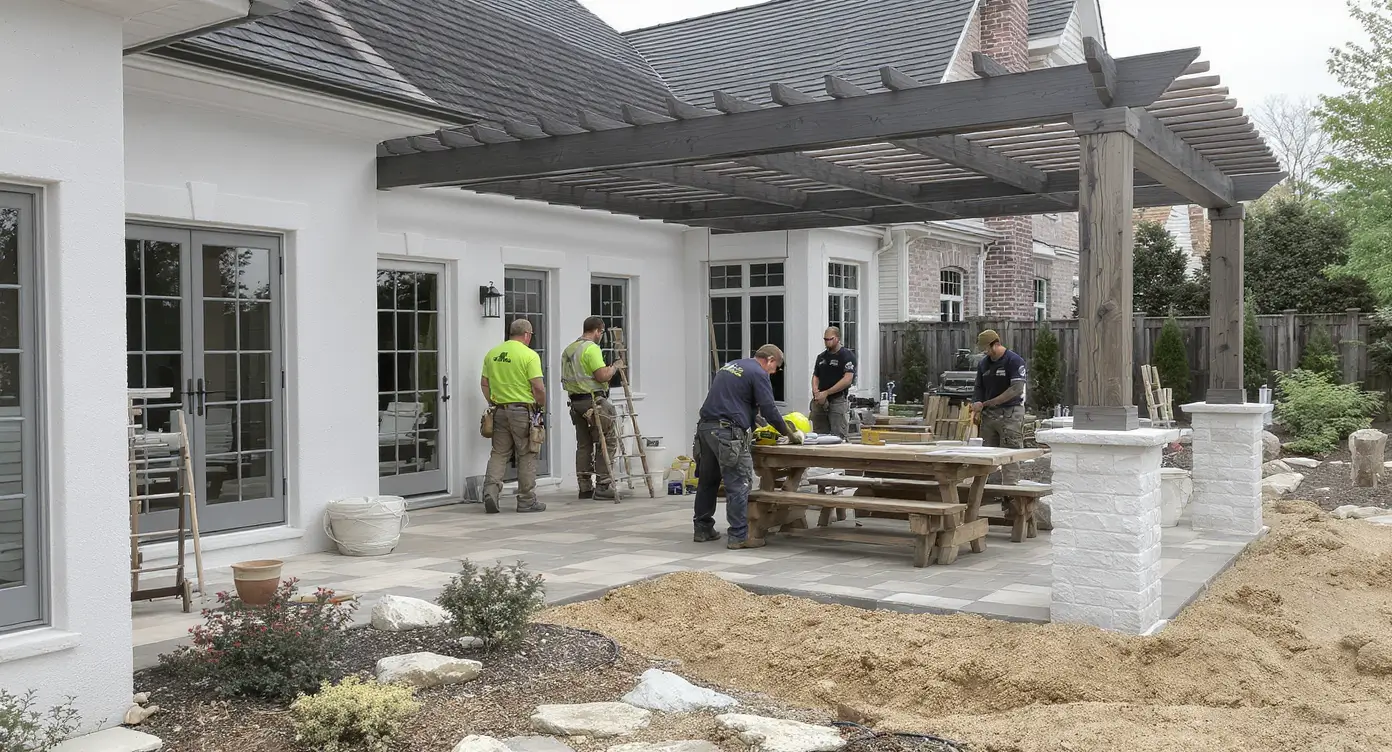 Luxury Outdoor Living Several workers are constructing a patio with a wooden pergola, arranging materials and equipment around a large wooden table in a backyard. Toronto Contractors