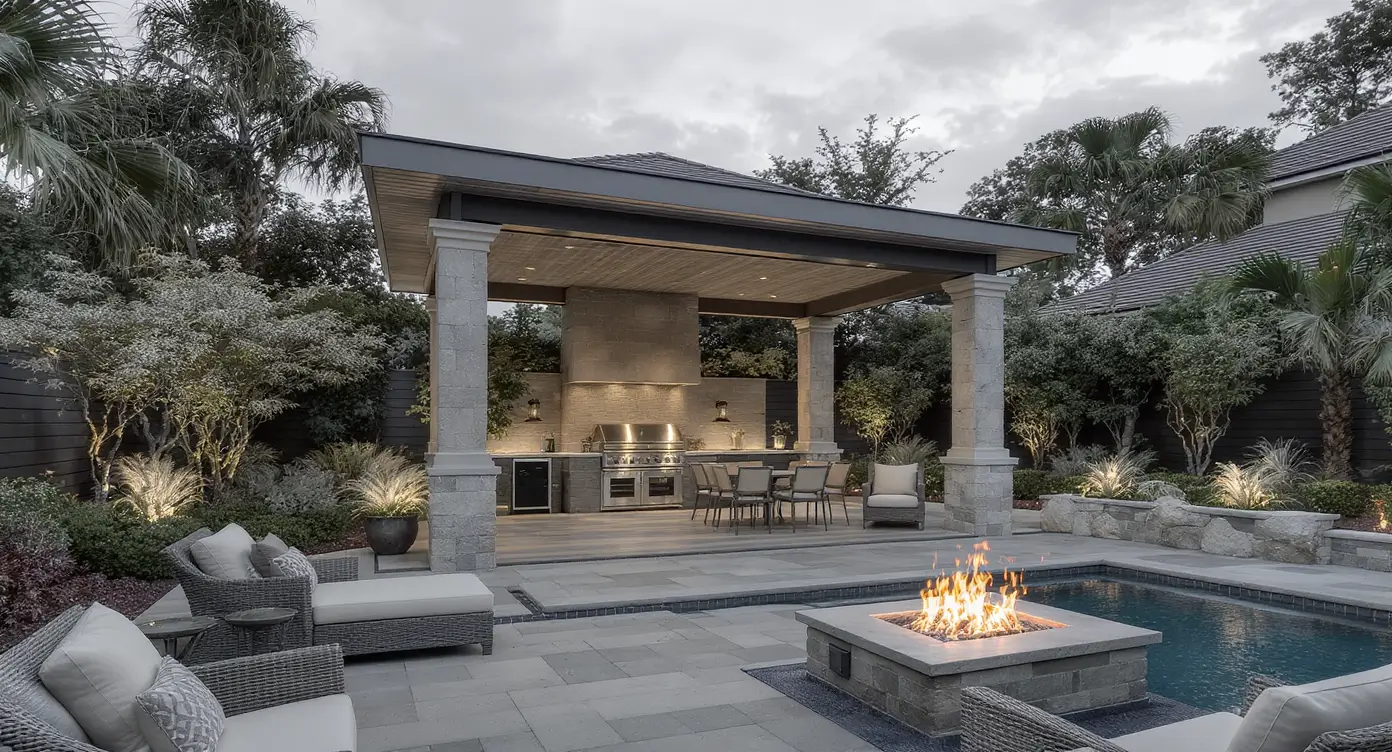 Luxury Outdoor Living Modern backyard with a covered outdoor kitchen and dining area, surrounded by landscaping, with a pool and a fire pit in the foreground. Toronto Contractors