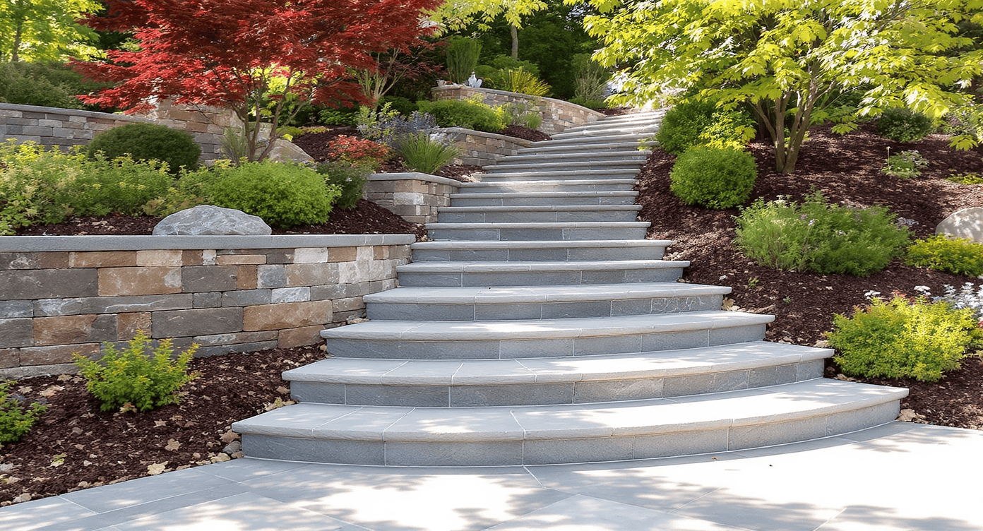 Luxury Outdoor Living Stone steps lead upward through a landscaped garden with retaining walls, shrubs, and trees on either side under daylight. Toronto Contractors