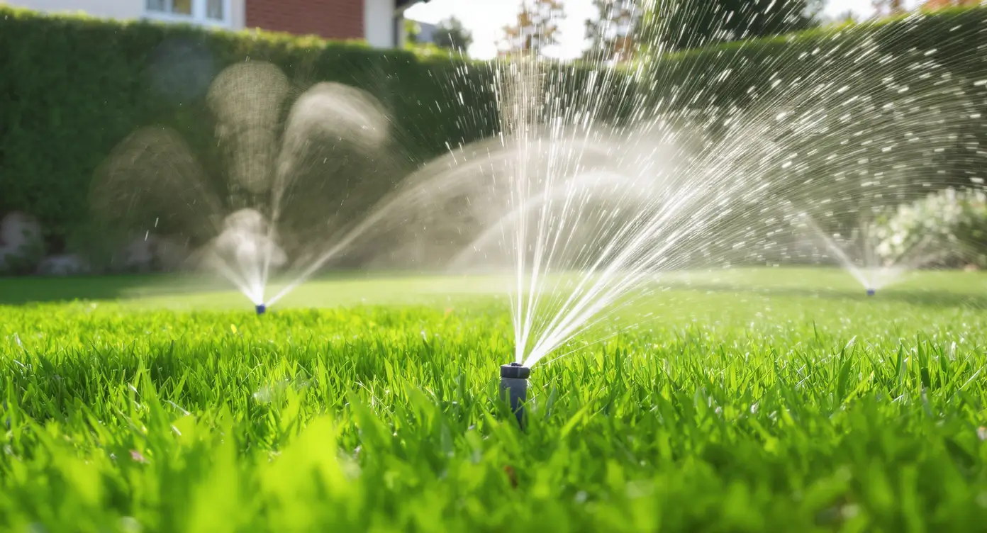 Luxury Outdoor Living Close-up of lawn sprinklers spraying water across a green grass lawn in a garden with hedges in the background. Toronto Contractors