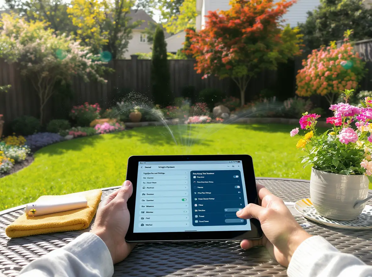 Luxury Outdoor Living Person using a tablet to control a smart irrigation system while sitting at a table in a garden with green lawn, flowers, and active sprinklers in the background. Toronto Contractors