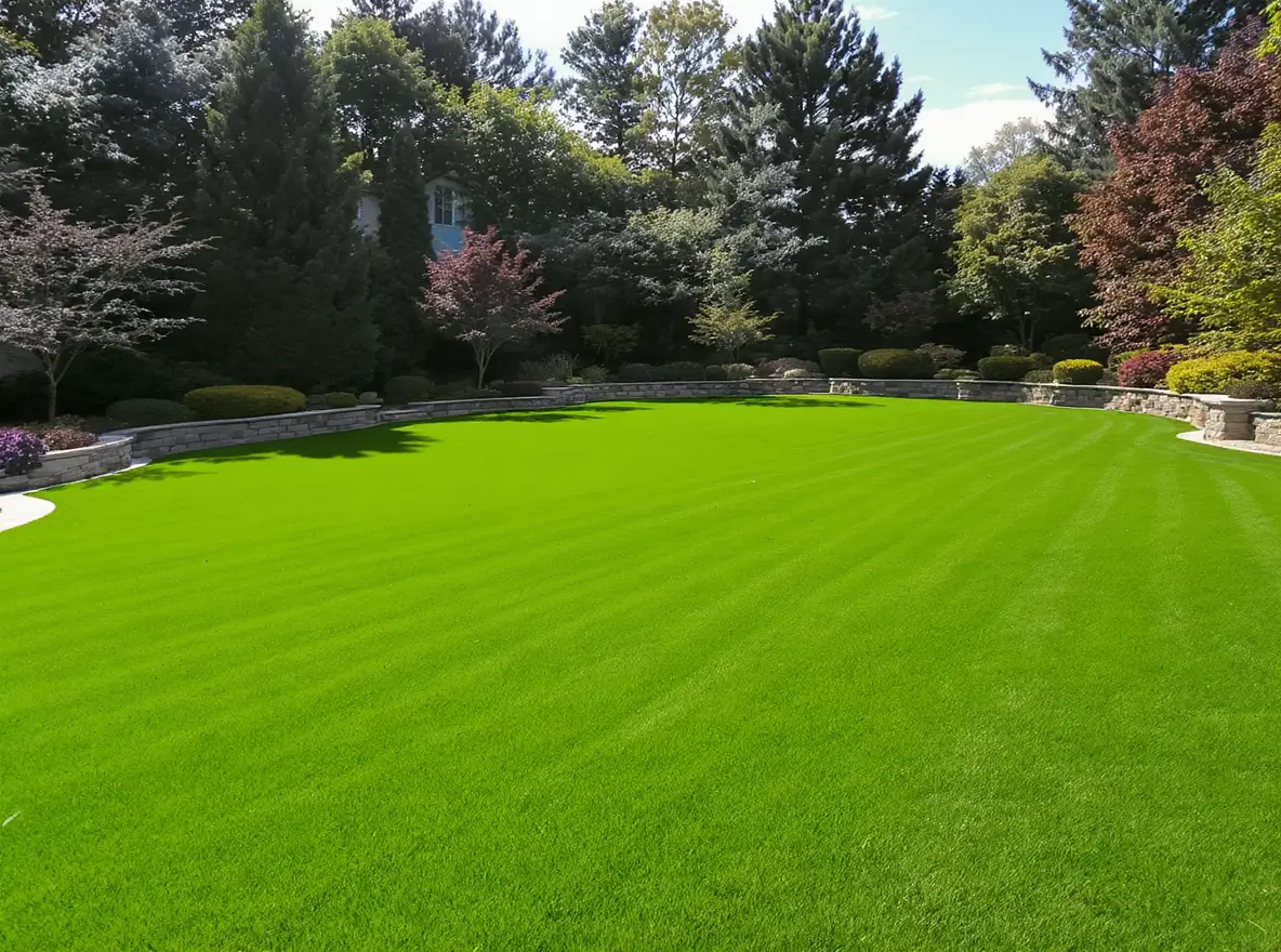 Luxury Outdoor Living A neatly mowed green lawn bordered by stone walls, bushes, and trees under a clear sky in a landscaped backyard. Toronto Contractors