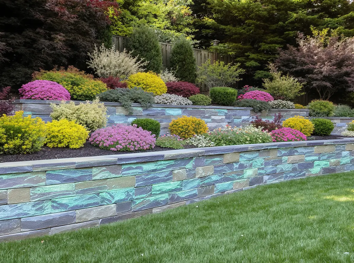 Luxury Outdoor Living Tiered stone retaining walls with colorful landscaping, including trimmed shrubs and flowering plants, bordered by green grass and surrounded by trees. Toronto Contractors