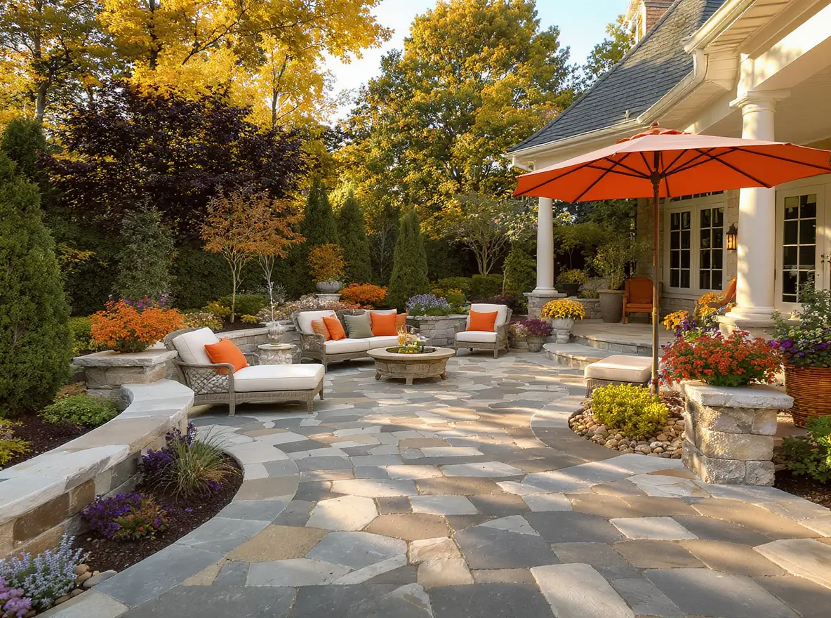 Luxury Outdoor Living A stone patio features white cushioned seating, orange pillows, a round fire pit, an orange umbrella, and colorful landscaping with trees and flowers. Toronto Contractors