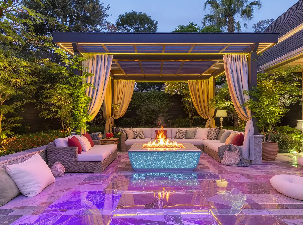 Luxury Outdoor Living A modern outdoor patio with a covered pergola, sectional sofas, a fire pit table, and decorative lighting on a reflective tile floor. Toronto Contractors