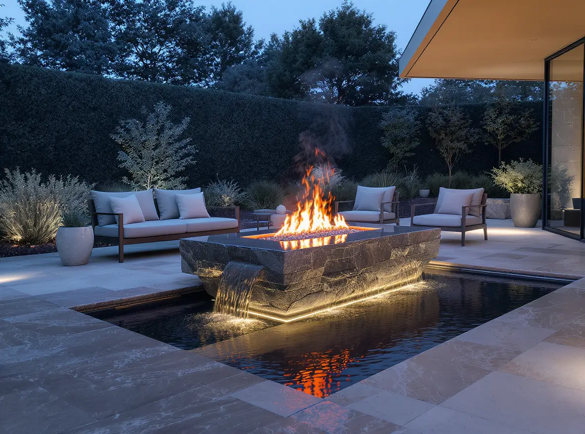 Luxury Outdoor Living Modern outdoor patio with cushioned chairs and a rectangular stone fire pit featuring a built-in water feature, surrounded by landscaped plants and trees at dusk. Toronto Contractors