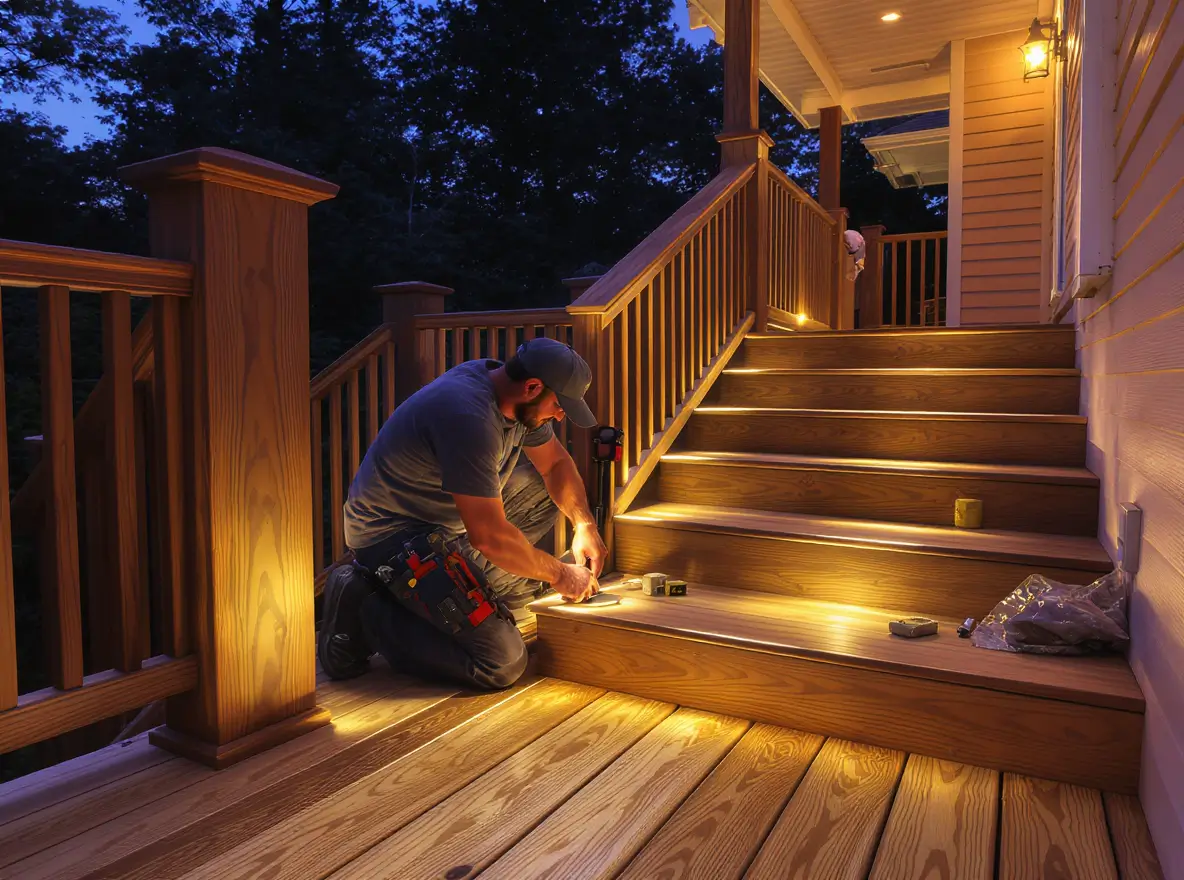 Luxury Outdoor Living A person kneels on a wooden porch at dusk, installing lights along the steps and railings, with tools and materials nearby. Toronto Contractors