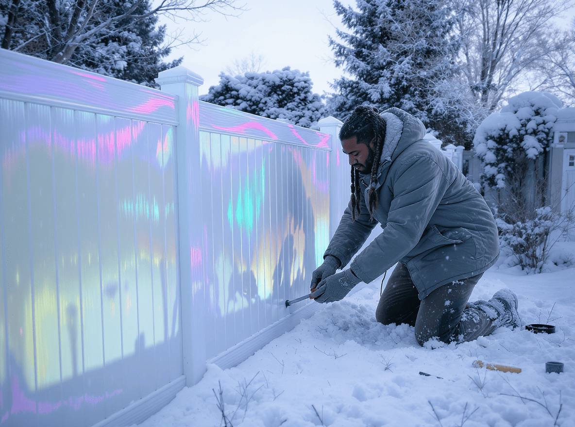 Luxury Outdoor Living A person in a winter coat kneels in the snow, using a tool to fix a white fence that reflects iridescent colors. Toronto Contractors